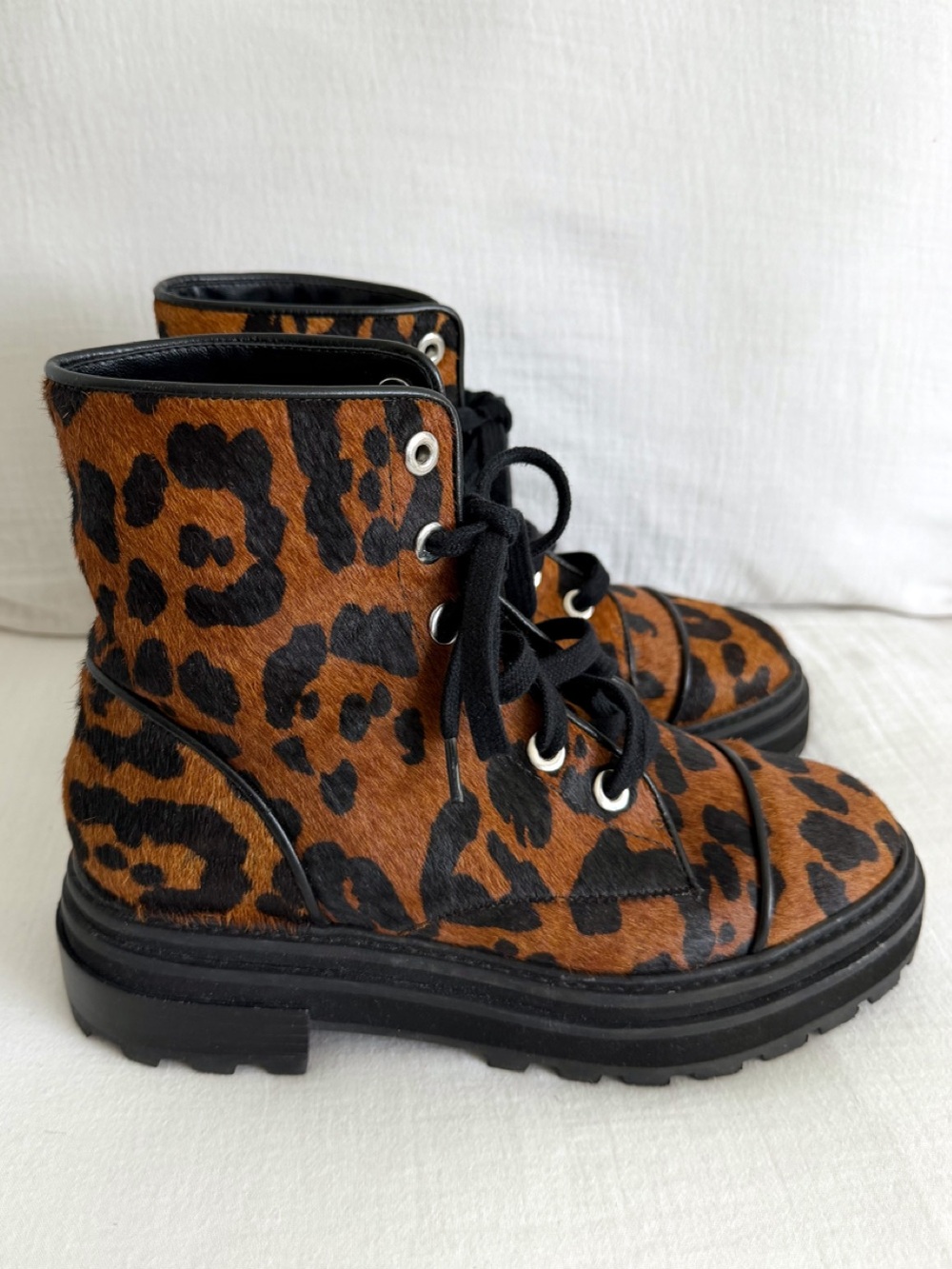 Schutz Maylova Leopard Print Cow Hair Combat Boots